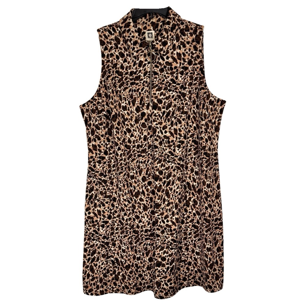 Anne Klein Leopard‎ Print Polo Dress 24W 24 Waffle Knit Brown O Ring Zip Collar